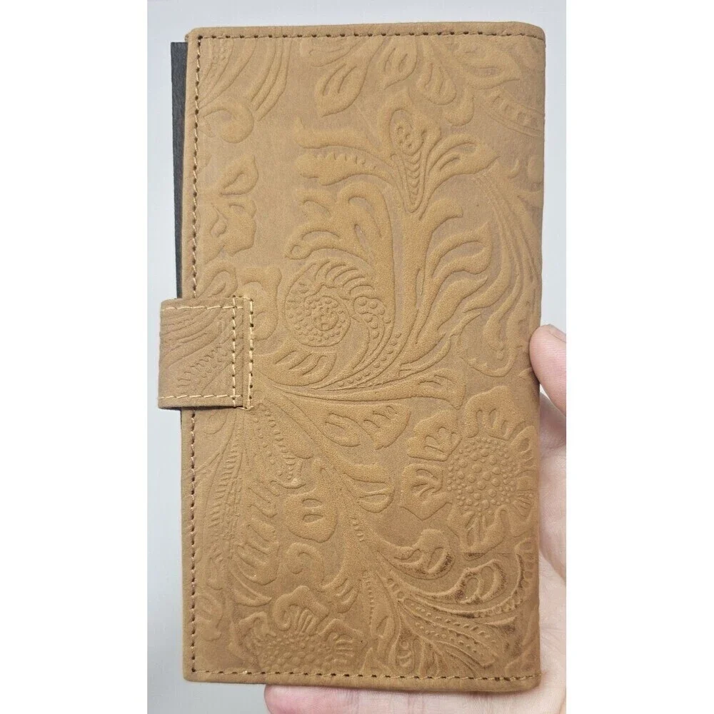 Tooled Embossed Soft Leather Wallet Credit Card BiFold Checkbook Tan RFID Floral